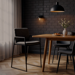 Sunvega Fuji Contemporary High Back Barstool in Black Steel and Charcoal Fabric Set of 2