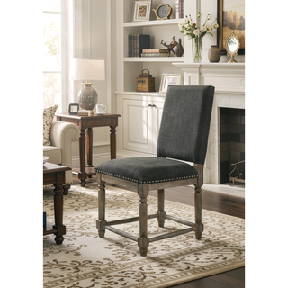 Sunvega Set of 2 Reclaimed Gray Fabric Dining Chairs with Bronze Nailhead Trim