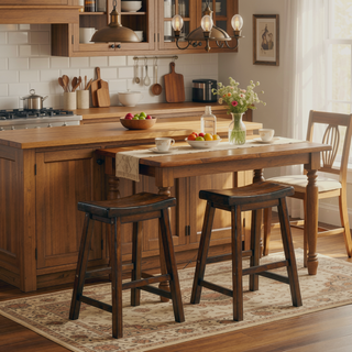 Sunvega Black Finish Bar Height Solid Wood Saddle Seat Stools Set of 2