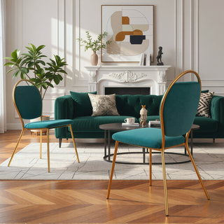 Sunvega Keyhole Design Gold Metal Frame and Green Velvet Upholstery Dining Chair Set