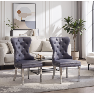 Sunvega Contemporary Tufted Velvet Dining Chairs with Nailhead Trim and Stainless Steel Legs, Set of 2