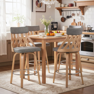 Sunvega Mid-Century Modern Natural Wood Lattice Back Counter Stool with Grey Fabric