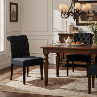 Sunvega Dark Grey Roll Top Button Tufted Dining Chairs Set of 2