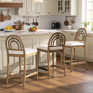 Sunvega Arched Back Wood and Upholstered Counter Stool Set of 2 in Ivory White Boucle