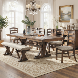 Sunvega Rustic Brown Finish Wooden Frame Dining Chairs with Gray Padded Seat Cushion