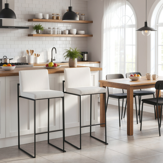 Sunvega Contemporary High Back Barstool with Black Steel Frame and White Velvet