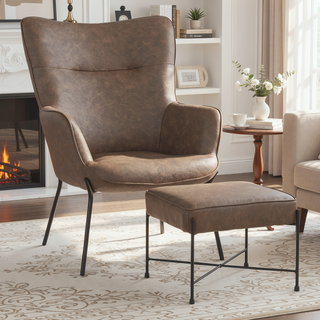 Sunvega Industrial Faux Leather Lounge Chair and Ottoman Set with Sleek Black Metal Legs
