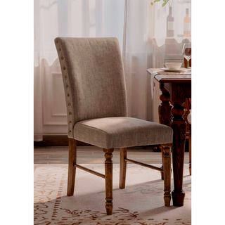 Sunvega Cream Linen Upholstered Parson Chair with Weathered Oak Wooden Legs Set of 2