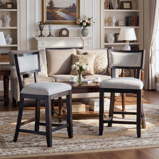 Sunvega Solid Rubber Wood Upholstered Counter Stools Set of 2 with Backrest and Footrest