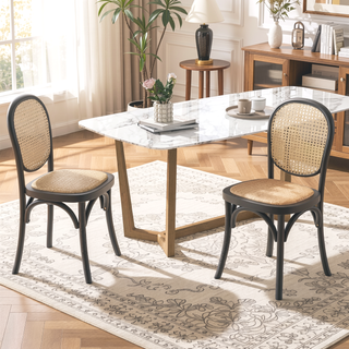 Sunvega Vintage Rattan Dining Chairs with Birch Wood Frame Set of 2