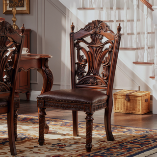 Sunvega Traditional Walnut Solid Wood Dining Chairs with Dark Brown Leatherette Seats