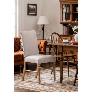Sunvega Cream Linen Upholstered Parson Chair with Weathered Oak Wooden Legs Set of 2
