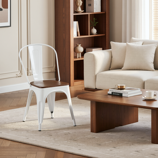 Sunvega High Gloss White with Walnut Wooden Seat Industrial Metal Dining Chairs Set of 2
