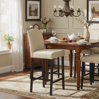 Sunvega Traditional Solid Wood Bar Stools Set of 2 with Linen Upholstery