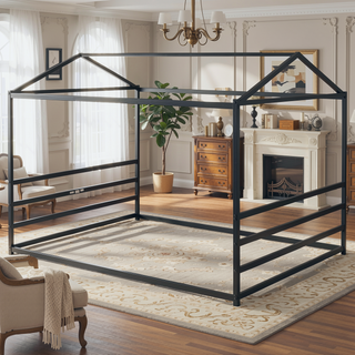 Sunvega Black Metal House Shape Platform Bed Frame with Slats for Queen Size