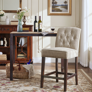 Sunvega Button Tufted Counter Stool with Espresso Wood Finish and Bronze Kick Plate