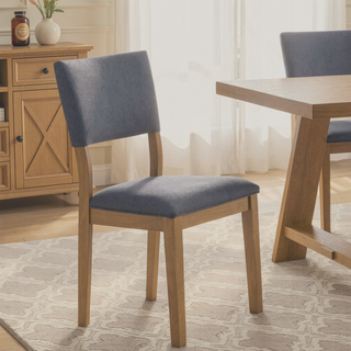Sunvega Modern Farmhouse Dining Side Chair with Blue Linen-Like Upholstery and Light Brown Frame