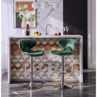 Sunvega Green Velvet Upholstered Adjustable Swivel Barstool with Footrest, Set of 2