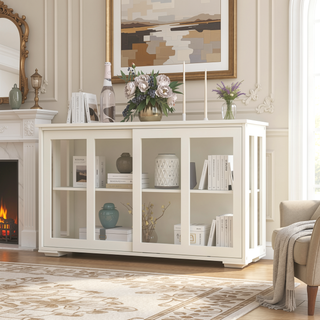 Sunvega White Kitchen Storage Stand Cupboard With Glass Door And Adjustable Shelves