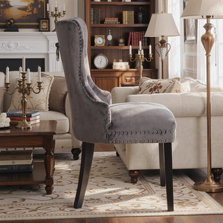 Sunvega Dark Gray Velvet Upholstered Dining Chairs with Tufted Back and Wood Legs