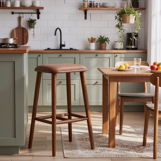 Sunvega Mid-Century Modern PU Leather Bar Stool with Solid Wood Structure