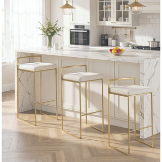 Sunvega Gold and White Faux Leather Upholstered Stackable Barstool Set of 3