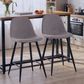 Sunvega Mid-Century Modern Black Metal Counter Stool with Light Grey Fabric