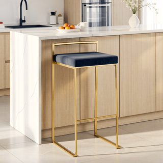 Sunvega Gold Metal Frame Barstool with Black Velvet Cushion Set of 3