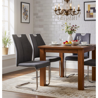 Sunvega Modern Gray Upholstered Dining Chairs with Chrome Legs, Set of 2