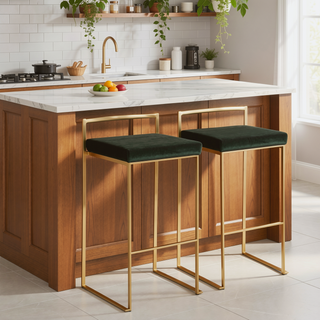 Sunvega Gold and Green Velvet Upholstered Stackable Barstool Set of 2