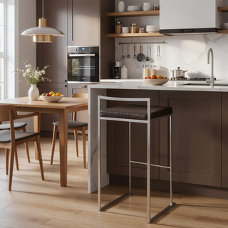 Sunvega Contemporary Stackable Barstool with Brown Faux Leather Upholstered Padded Seat
