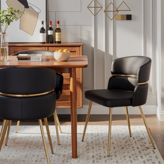 Sunvega Glam Art Deco Dining Chair with Gold Metal Accent and Black Faux Leather