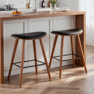 Sunvega Mid-Century Modern Walnut and Black Faux Leather Counter Stool Set of 2