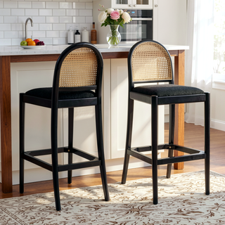 Sunvega Natural Oak and Cane Rattan Counter Stools with Black Boucle Upholstery
