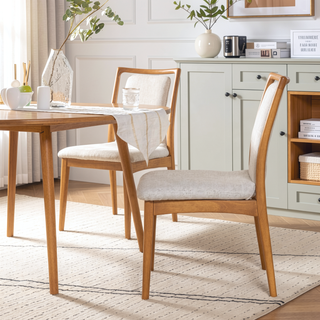 Sunvega Natural Light Brown Wood Dining Chairs with White Pepper Polyester Upholstery Set of 2