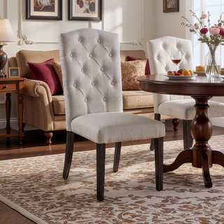 Sunvega Beige Linen Upholstered Dining Chairs with Weathered Espresso Wooden Legs Set of 2