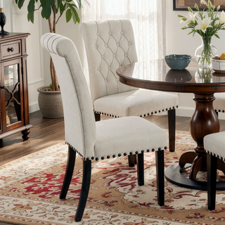 Sunvega Sand and Rustic Espresso Tufted Side Chairs with Rolled Backrest and Padded Seat