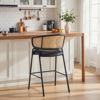 Sunvega Industrial Metal Bar Stools with Faux Leather Seat and Woven Rattan Backrest Set of 2