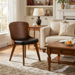Sunvega Mid-Century Modern Chair with Walnut Finish and Faux Leather Seat