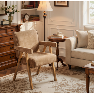 Sunvega Chenille & Oak Side Chair with Padded Seat and Back Cushion Set of 2