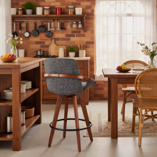 Sunvega Mid-Century Modern Cosmo Counter Stool with Walnut Wood and Fabric Upholstery