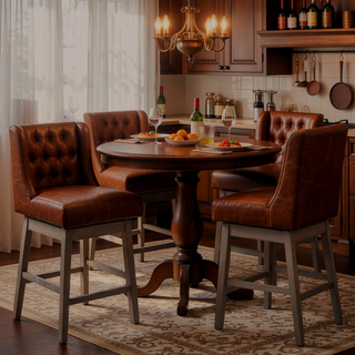 Sunvega Set of 2 Swivel Bar Stools with Button Tufted Backs and Wood Footrests