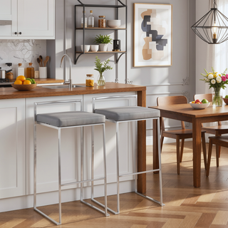 Sunvega Contemporary Stackable Barstool Set with Grey Faux Leather Cushion