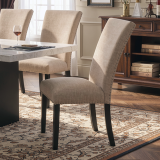 Sunvega Light Gray Flannelette Dining Chairs with Nailhead Trim and Black Wood Legs
