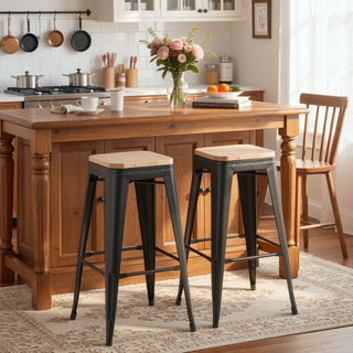 Sunvega Oregon Contemporary Bar Stool in Black Steel and Natural Wood Set of 2