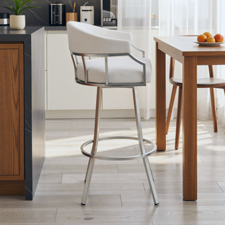 Sunvega 30 Inch Swivel White Faux Leather and Silver Metal Bar Stool