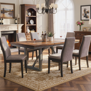 Sunvega Taupe and Espresso Upholstered Dining Chair with Curved Back and Vintage Style