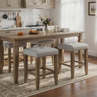 Sunvega Tan Linen & Weathered Oak Finish Counter Height Armless Stool Set of 2