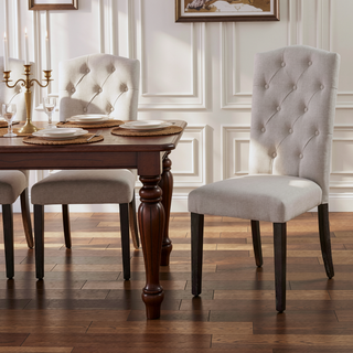 Sunvega Beige Linen Upholstered Dining Chairs with Tufted Back and Tapered Legs (Set of 2)