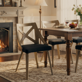 Sunvega White Washed Wood and Charcoal Fabric Charlotte Farmhouse Dining Chairs Set of 2